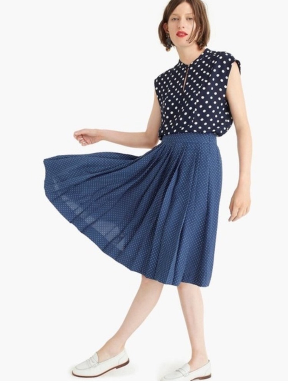 J. Crew Dot Double Pleated Midi Skirt in Union Blue Polka Dot Sz 6 Office Preppy